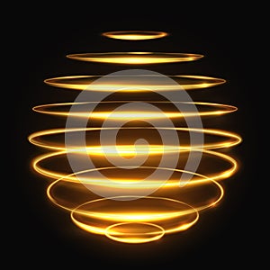 Gold circle light tracing effect, glowing magic 3d sphere vector illustration