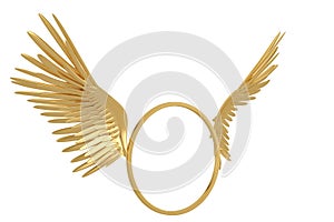 Gold circle with wings isolated on white background 3D illustration