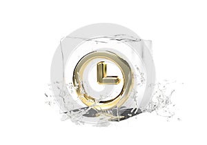 Gold clock in cube of melting ice and drop water on isolated background