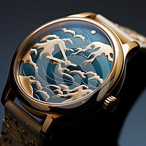 Unique Yokai Illustrations Gold Watch With Detailed Skies Print photo