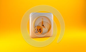 Gold Clock 24 hours icon isolated on yellow background. All day cyclic icon. 24 hours service symbol. Silver square