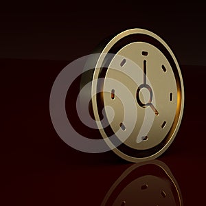 Gold Clock icon isolated on brown background. Time symbol. Minimalism concept. 3D render illustration