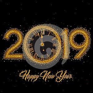 Gold Clock indicating countdown to 12 O` Clock 2019 New Year`s Eve