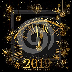 Gold Clock indicating countdown to 12 O` Clock 2019 New Year`s Eve on a black background