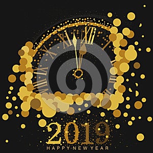 Gold Clock indicating countdown to 12 O` Clock 2019 New Year`s Eve on a black background
