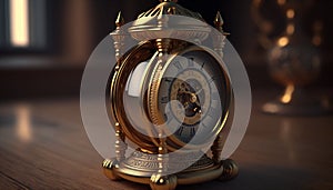 Gold clock on a wooden table 3D rendering steampunk