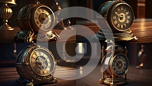 Gold clock on a wooden table 3D rendering steampunk