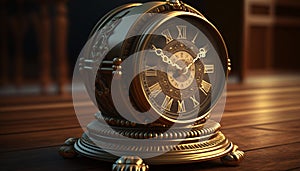 Gold clock on a wooden table 3D rendering steampunk