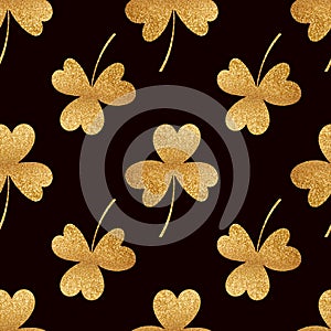 Gold clover on black background. Shamrock seamless pattern for Saint Patrick's Day. Great for fabric, paper