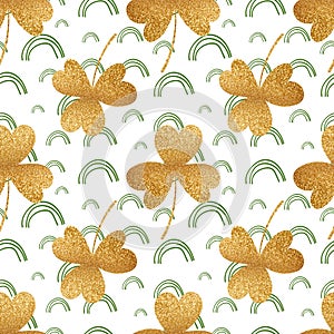 Gold clover and green rainbows on white background. Shamrock seamless pattern for Saint Patrick's Day.