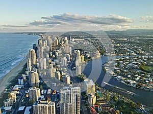 GOLD COAST, AUSTRALIA - APRIL 25, 2021: Aerial panorama view of High-rise building skyscrapers in Surfer Paradise beach city