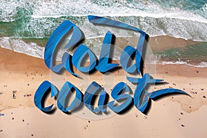 Gold coast lettering over aerial view of people on the beach in Queensland, Australia.