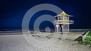 Gold Coast, QLD, Australia - Lifeguard\'s beach box in Broadbeach with Christmas decorations at night