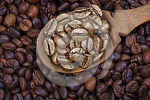 Gold coffee beans on a pile of coffee beans. The concept of luxury and originality. Golden coffee beans in a spoon. Coffee beans t