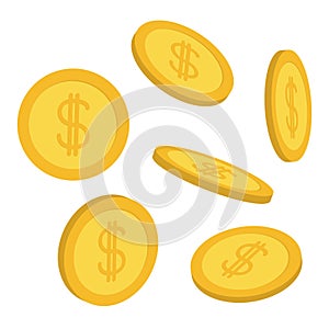 Gold coin 3D icon set. Flying falling down cash money rain. Dollar sign symbol. Income and profits. Business finance concept. Whit