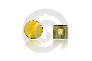 Gold coin and AI artificial intelligence processor comparison on white background