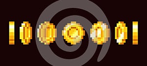 Gold coin animation frames for 16 bit retro video game. Pixel art vector set