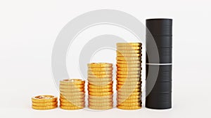 Gold coin arrange by graph chart with oil barrel, oil market business, petroleum oil industry, 3D rendering