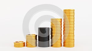 Gold coin arrange by graph chart with oil barrel, oil market business, petroleum oil industry, 3D rendering