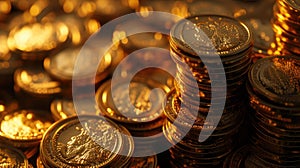 Gold coin on the background of vintage gold coins selective focus money abstraction