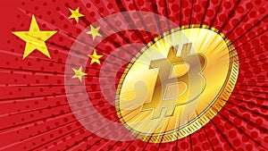 Gold coin of bitcoin on background of Chinese flag with stars in color. China one of leaders in BTC mining with large hashrate