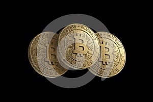 Gold coin Bitcoin on a black background. The concept of crypto currency. blockchain technology