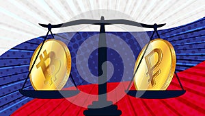 Gold coin of Bitcoin BTC and russian Ruble RUB on scales and colored flag of Russian Federation on background. Central Bank of