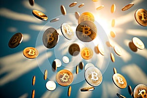 Gold coin Bitcoin levitates. Digital art . Cryptocurrency concept , Golden bitcoin