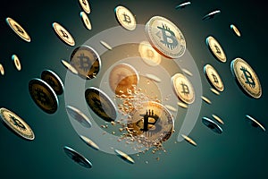 Gold coin Bitcoin levitates. Digital art . Cryptocurrency concept , Golden bitcoin