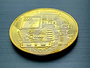 Gold coin bitcoin on steel textured background