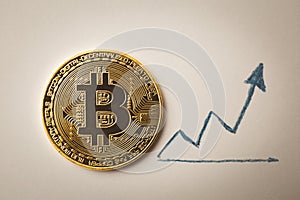 Gold coin Bitcoin and up arrow