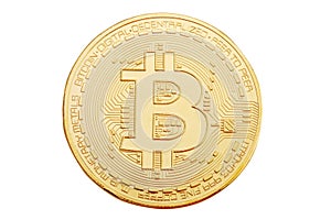 Gold coin of bitcoin on a white background.