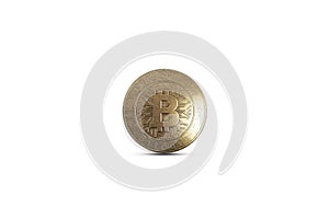 Gold coin Bitcoin on white background. The concept of crypto currency. blockchain technology