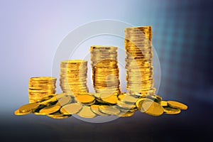 Gold coin with blue and blur Background