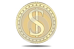 Gold coin dollar, with a picture of a dollar pile. 3D render, isolated on white background.