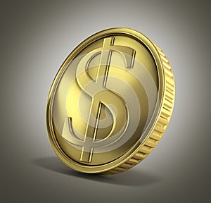 Gold coin with dollar sign 3d render on a gradient background