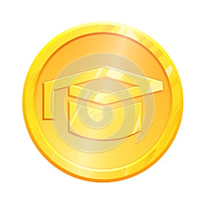 Gold coin Education vector concept. Graduation cap metal icon. Symbol achievement illustration sign isolated on white