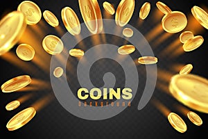 Gold coin explosion. Golden dollar coins rain. Game prize money splash. Casino jackpot vector concept isolated on black