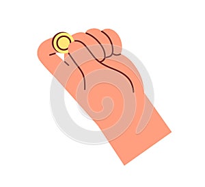 Gold coin in fingers. Hand with money. Thumb and forefinger with change to toss icon. Savings, bonuses, financial help