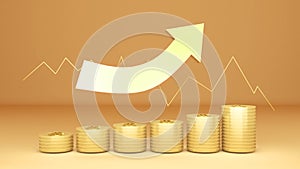 gold coin and gold arrow uptrend on white background,US Dollar Coins and Savings,3d rendering