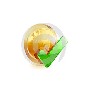Gold coin and green checkmark.