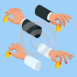 Gold coin in hands businessman and woman isometric design. Hands holding money, money payment, investment concept.