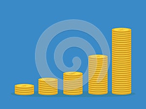 Gold coin icon set. Dollar sign symbol infographic. Diagram shape stacks. Cash money. Going up graph. Income and profits. Growing