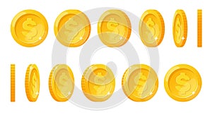 Gold coin. Money vertical rotating in different positions. Currency cash various angles for animation. Metal dollar sign