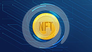 Gold coin NFT non fungible token on dark blue background. Pay for unique collectibles in games or art. Simple futuristic modern.