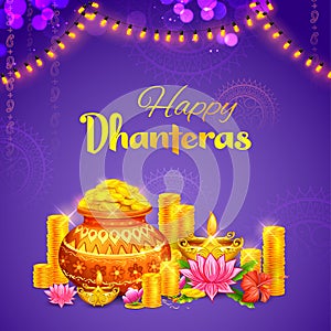 Gold coin in pot for Dhanteras celebration on Happy Dussehra light festival of India background