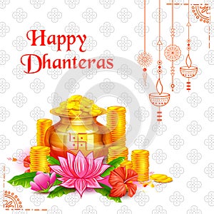 Gold coin in pot for Dhanteras celebration on Happy Dussehra light festival of India background photo