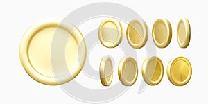 Gold Coin. Set of golden currency rotation. Realistic cartoon style illustration. 3d render of metal money