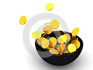 Gold coin splash in bowl