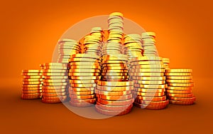 Gold coin stack on orange background